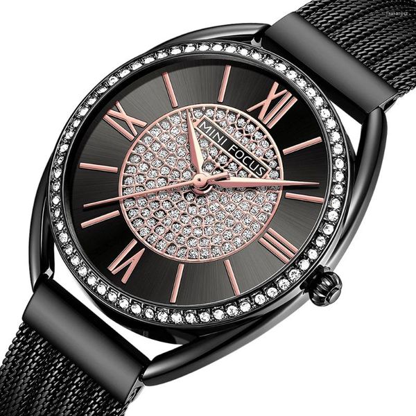 Relógios de pulso relógio de moda para mulheres wriswatch casual quartzo senhoras relógios preto pulseira de aço inoxidável 042505