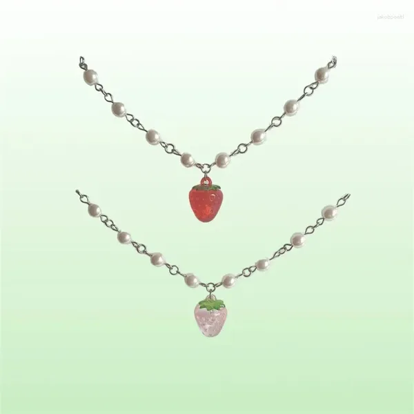 Anhänger Halsketten Rot Rosa Erdbeere Rosenkranz Halskette Herz Charm Perlen Perlen Handgemacht Y2K Choker Wunderschönes Glas