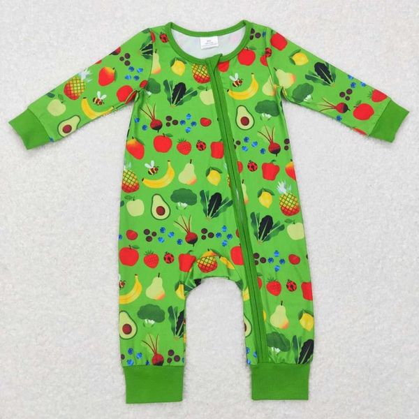 Conjuntos de roupas atacado bebê crianças roupas nascidas criança frutas e vegetais impressão verde zíper manga comprida onesie macacão