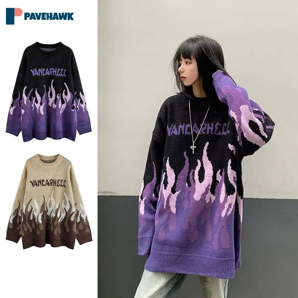 Suéteres femininos americano hip hop malha pulôver homem mulher alta rua casual redondo pescoço chama padrão casal oversized inverno jumpers 231110