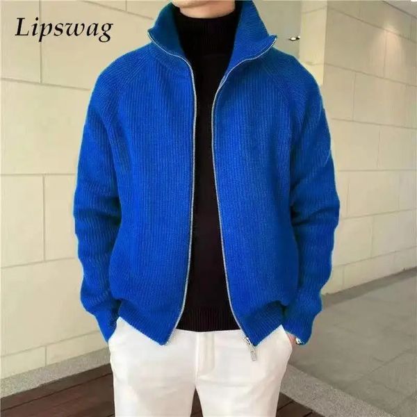 Suéter masculino vintage suéter cardigan slim fit manga comprida cor sólida jaqueta de malha casaco masculino outono moda gola alta zíper 231110