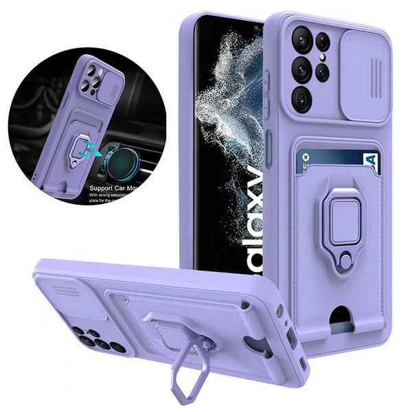 Para Samsung Galaxy S23 S22 Ultra Plus Capa Carteira Slot para cartão Slide Protetor de lente da câmera Suporte de anel magnético Capa traseira de TPU macio para Galaxy A32 A71 A52 A72 A53 A73