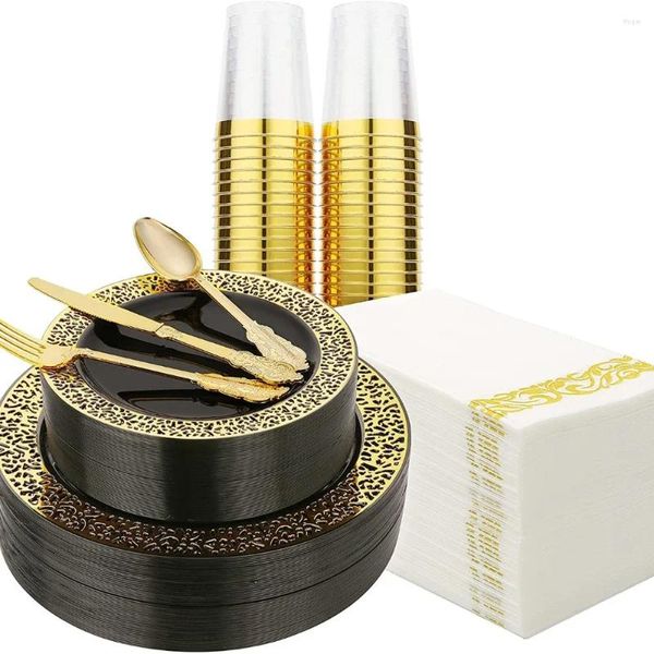 Учетные наборы посуды 175pcs Gold Set для 25 гостей пластиковые тарелки на ужина