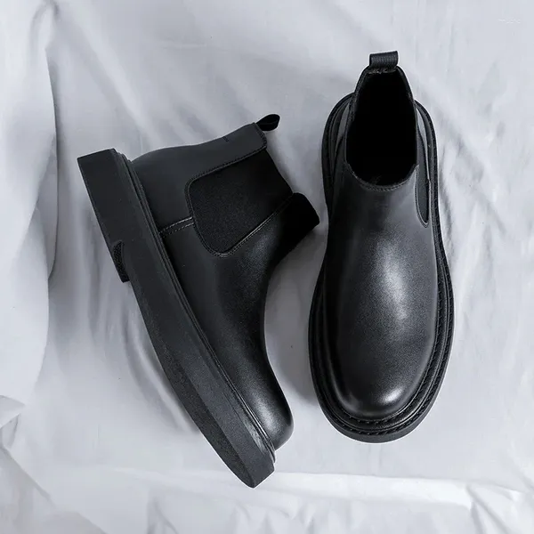 Botas estilo coreano lazer masculino couro genuíno preto elegante plataforma sapatos festa de baile vestido cowboy tornozelo bota curta botas homem