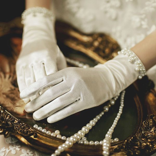 Elegante Damen-Handschuhe für Hochzeit, Braut, kurze Vollfinger-Handschuhe, Perlen, Handgelenklänge, Abschlussball, Party