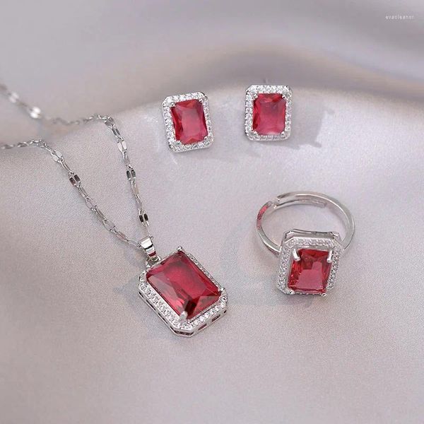 Collana di orecchini set da sposa pietra rossa quadrata zircone rettangolo anello pendente pendente color argento clavicola collane per regali da donna