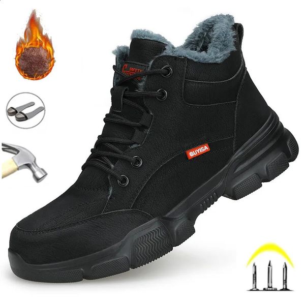 Botas de couro preto inverno pelúcia segurança trabalho botas para homens à prova d 'água anti pressão de unhas sapatos de trabalho indestrutível aço toe calçado 231110