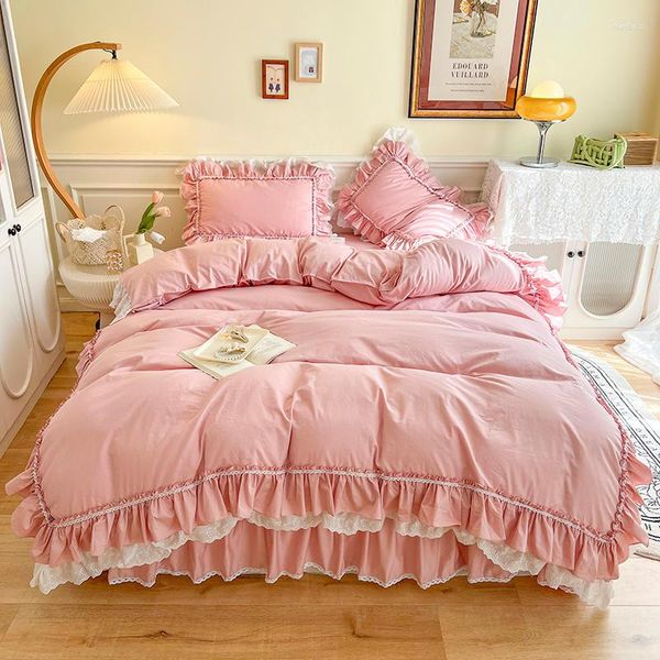 Yatak takımları lüks set pamuklu pembe el yapımı fırfırlı dantel nevres kapak yatak örtüsü yatak etek yastık kılıfları prenses ev yatak örtüsü