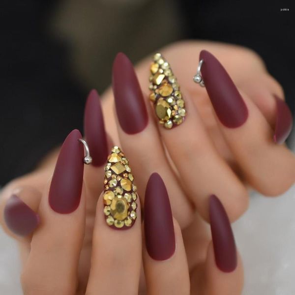 Falsche Nägel Burgund Matt Gefälschte Lange Stiletto Designer Luxus Nagel Hufeisen Ring Niet Entworfen Gold Strass Künstliche