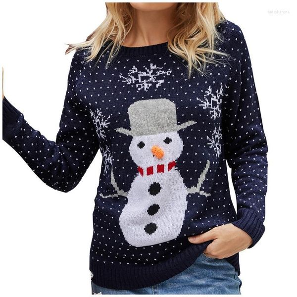 Damen Pullover Mode süßer kleiner Schneemann Muster Weihnachten gestrickter warmer Pullover Schneeflocke Rundhals Pullover