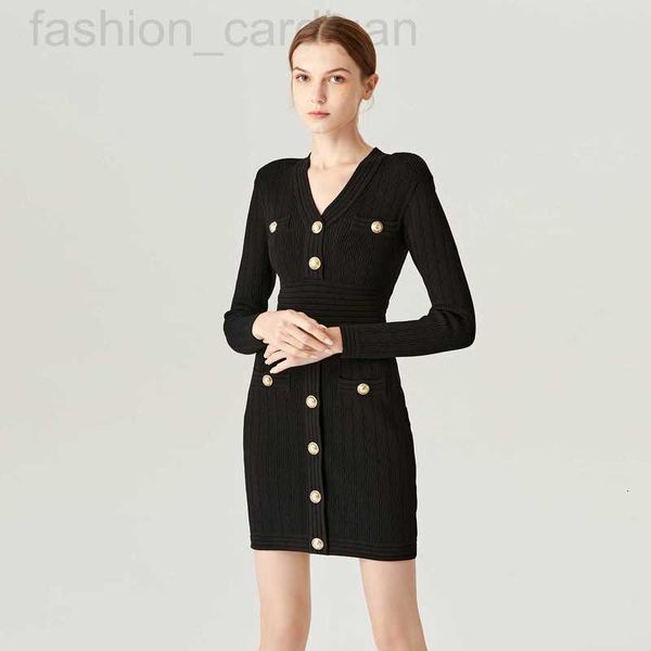Vestidos casuais básicos designer b pequeno vestido preto ombro almofada botão de hardware zíper textura vestido de malha de lã feminina 3wnw