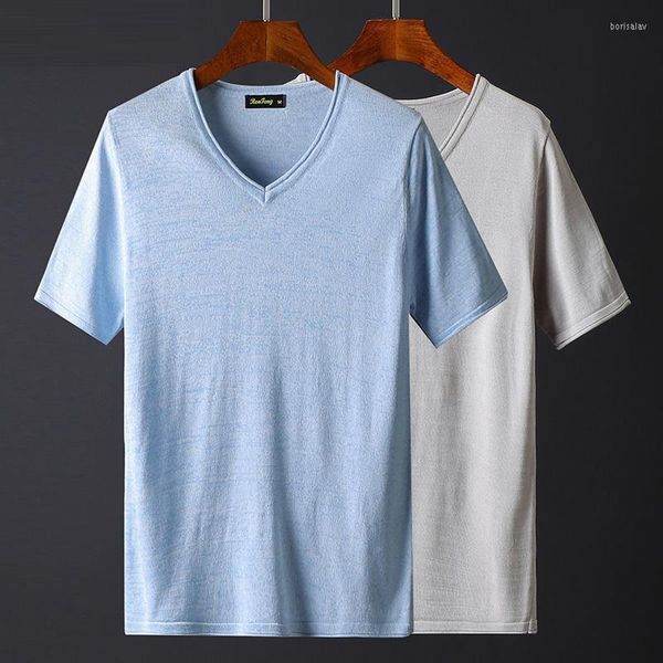 Camisetas masculinas de manga curta lisa azul mole de pescoço V para homens Redução de fibra de bambu de bambu Camisetas masculina vintage