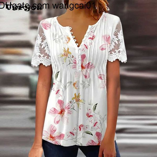 Camisetas masculinas 2023 New Fashion Women T-shirt V pescoço sexy curto seve renda de retalhos de impressão de flores de flores femininas verão lotes tee tops 4103
