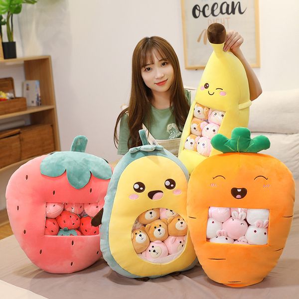 Um saco de lanche fruta boneca cenoura morango abacate travesseiro dos desenhos animados boneca animal brinquedos de pelúcia atacado