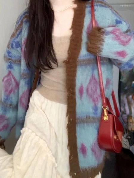 Malhas femininas 2023 moda feminina doce y2k casacos estéticos vintage harajuku retalhos suéteres soltos todos os jogos chiques grunge cardigans japoneses