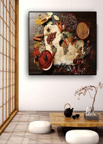 Grani Spezie Mappa del mondo Cucina Tela Pittura Immagini di arte della parete Pittura Wall Art for Living Room Home Decor No Frame6813491