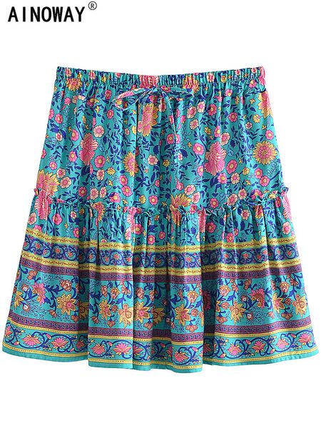 Saias de moda vintage verão hippie hippie feminina estampa verde estampa de praia bagunçada esqui boêmio Botivo boêmio Rayon Bohemian Mini Skiing 230410