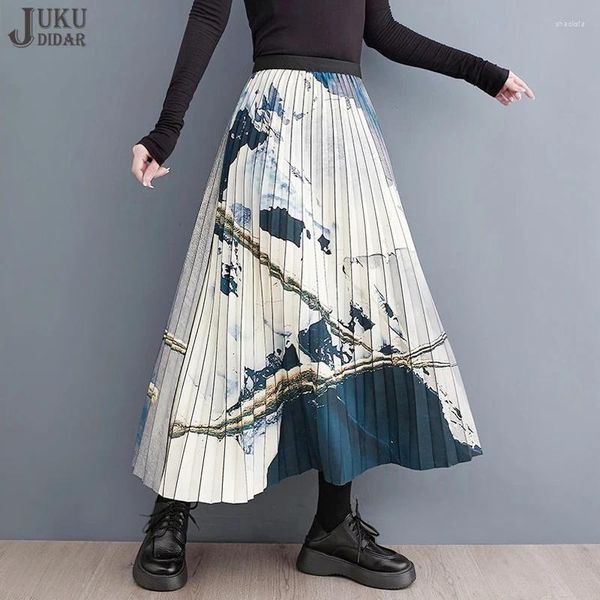 Saias estilo coreano a linha cintura elástica mulher longa saia plissada solta ajuste casual streetwear pintado moda elegante jjsk056