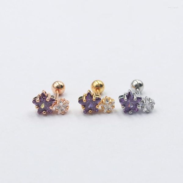 Orecchini a bottone 1 PZ Carino piccolo zircone viola stella orecchino semplice barra d'acciaio color oro vite orecchio cartilagine piercing gioielli polsino