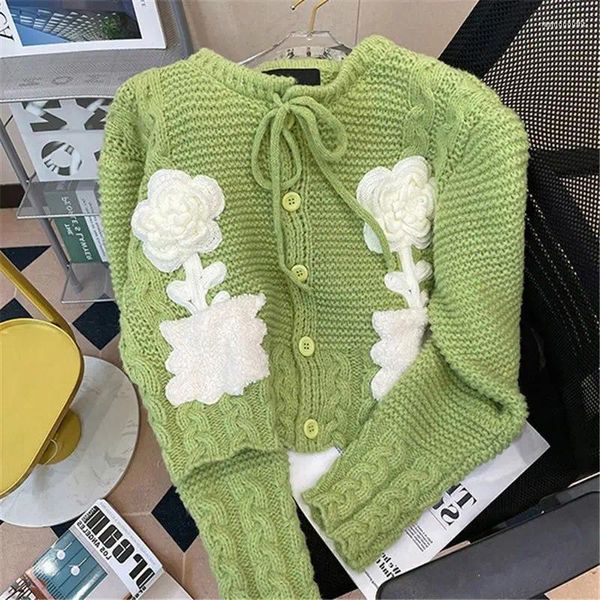 Frauen Strick 203 Herbst Winter Französisch Lange-ärmeln Pullover Mäntel Weibliche 3D Blumen Gestrickte Jacken Damen Kurze Strickjacke y230