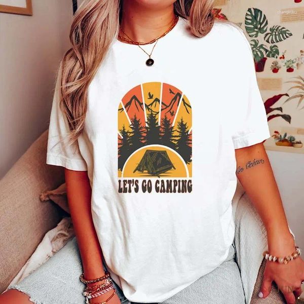 Camiseta feminina de algodão, moda vamos acampar, gráfica, verão, manga curta, camisetas femininas, roupas