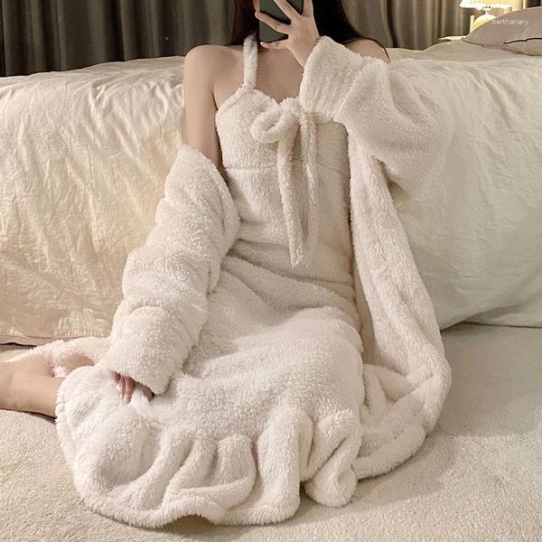 Kadın pijama kış seksi bornoz seti mercan kadife sıcak bayanlar giyinme elbisesi 2 adet uzun kollu dantel yukarı backless nightwear kadın