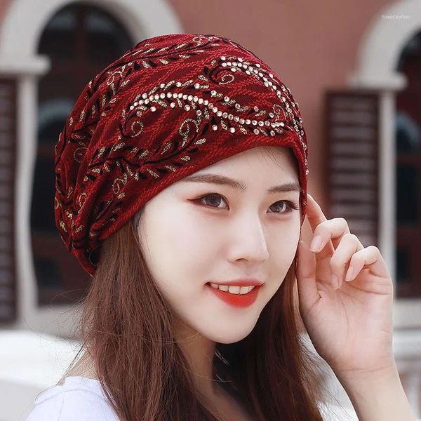 Roupas étnicas Moda Mulheres Strass Lace Turban Chapéu Respirável Chapéus Muçulmanos Fino Verão Feminino Headscarf Bonnet Cabelo Perda de Cabeça Capa