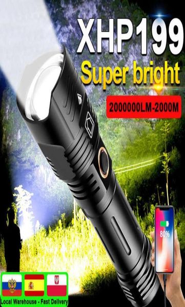 Lanternas Tochas 2000000LM Super Bright LED Lanterna XHP199 Mais Poderosa Tocha de Alta Potência Recarregável Flash Tático 6921303