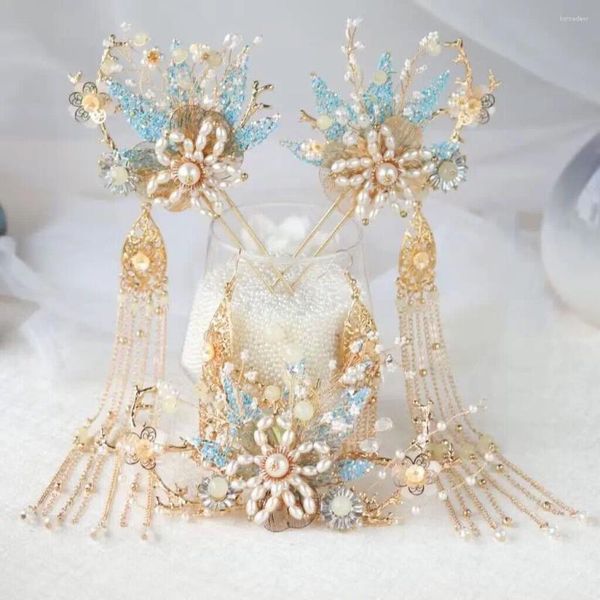 Haarspangen, antike Damen-Perlenblume, lange Quaste, Kronen-Set, Hanfu-Ornamente