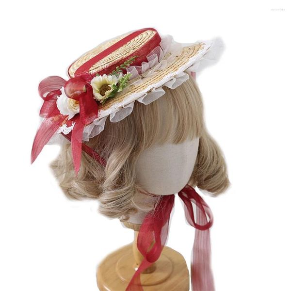 Berretti Europeo Elegante Retro Lolita Cappello di Paglia Mori Ragazza Bowknot Fiore Sole Cosplay Antichità Tea Party Cap