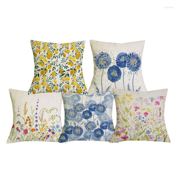 Cuscino Fresco Fiore Giallo Blu Tarassaco Stampa Lino Cuscini Federa Decorativa Bohemien Divano Divano Home Decor