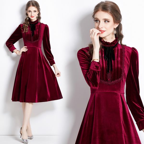 Vintage zarif kırmızı kadife elbise kadın tasarımcı uzun kollu sahte boyun fırfırları ince parti dantelli gevşek büyük salıncak elbiseler ballgown 2023 bahar sonbahar pist midi frocks