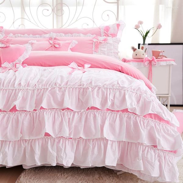 Set di biancheria da letto in cotone rosa con volant con fiocco doppio set di lusso coreano principessa copripiumino copripiumino gonna letto federe