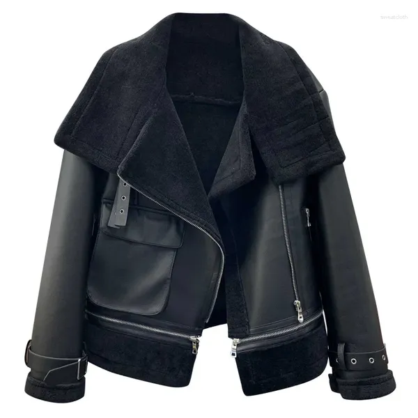 Casacos de trincheira femininos 2023 inverno preto falso pele jaqueta de couro shearling pele de carneiro quente streetwear cordeiro casaco moto motociclista comprimento médio parka