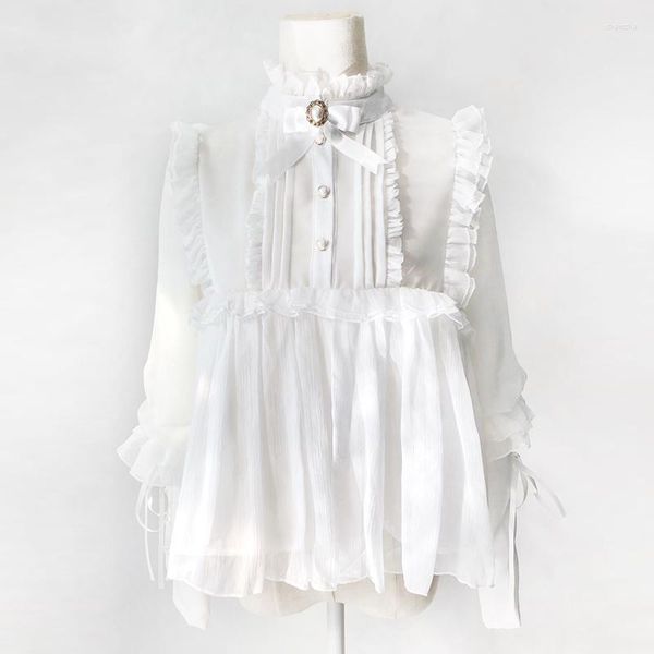 Camicette da donna con volant bianchi colletto alla coreana con fiocchi maniche a lanterna con lacci Lolita Cosplay Kawaii Top abiti gotici vintage vittoriani