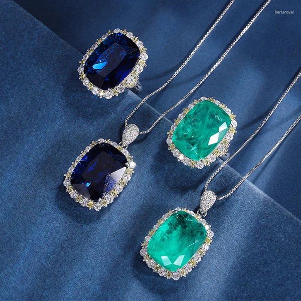 Collana Orecchini Set Gioielli Fondo in rame Placcato oro Imitazione Tesoro blu Nonna Rettangolo grasso verde Texture leggera di lusso 15 20