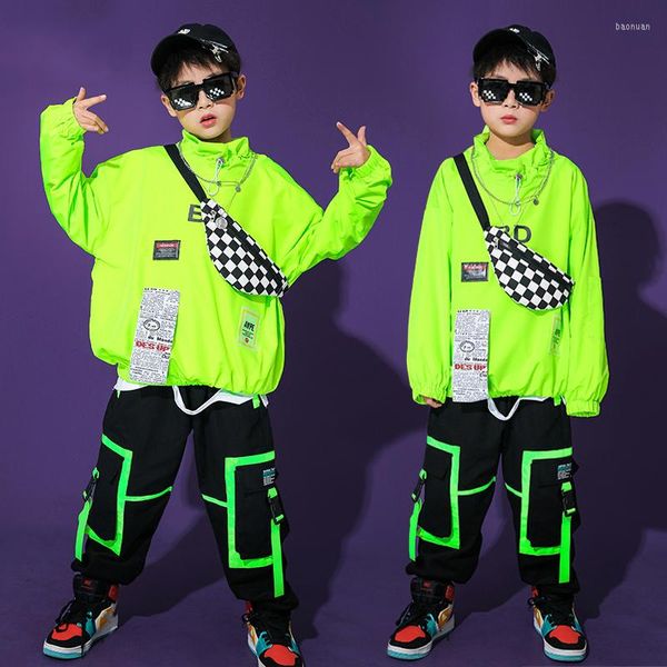 Traje de dança 2023hip-hop de palco para meninos jaqueta verde calças de hiphop trajes de performance de rua jazz roupas dqs6284