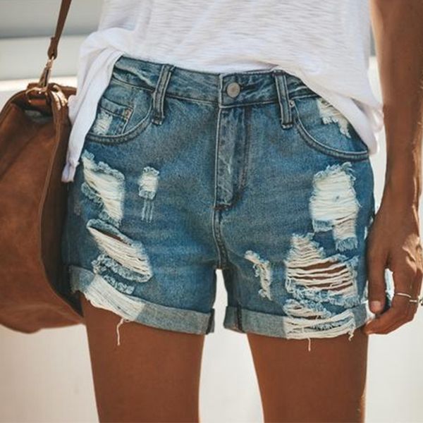 Shorts femininos verão vintage desbotado e maltratado rasgado shorts jeans com bolsos grandes mulheres casual buraco curto denim S-XXXL 230410