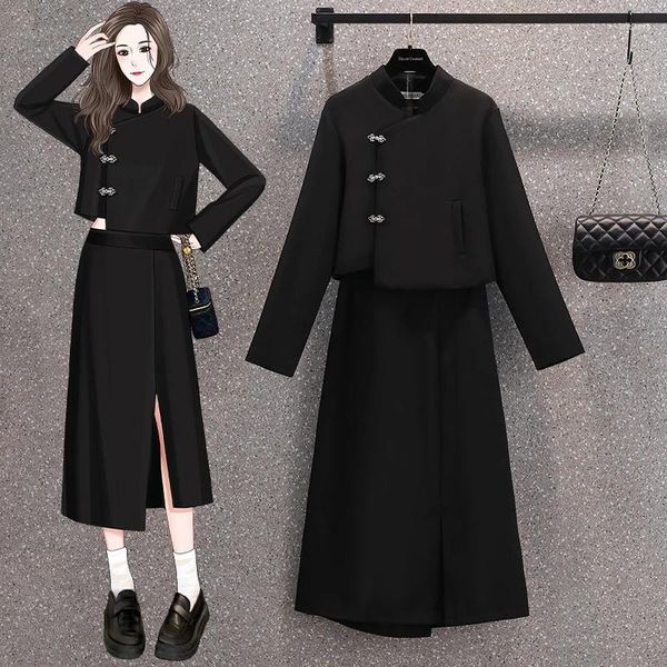 İş elbiseleri kadın sonbahar artı Çin kısa takım elbise seti vintage siyah toka standı yaka ceket iki parçalı set kadın outifit