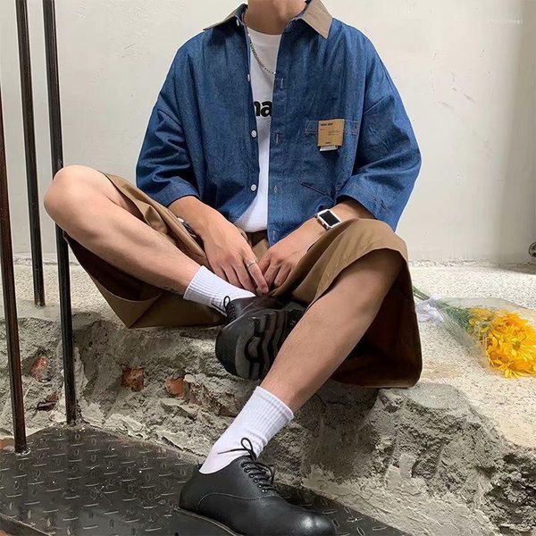 Erkekler Sıradan Gömlek Amerikan Vintage Denim Gömlek Hong Kong Tarzı Erkekler 2023 Yaz Kısa Kollu Kot Party Boy Boyutlu Çok Yönlü Yüksek Sokak