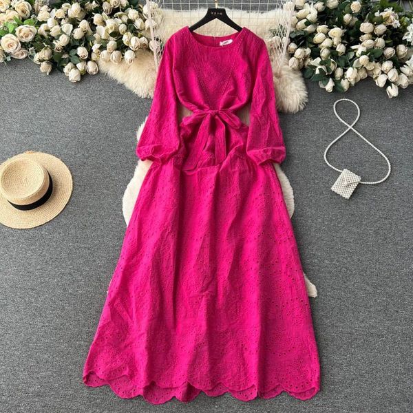 Casual Kleider Französisch Vintage Ausschnitt Häkelspitze Maxi Kleid Frauen Mode Rundhals Langarm Dünne Feste Farbe Vestidos de Fiesta K972