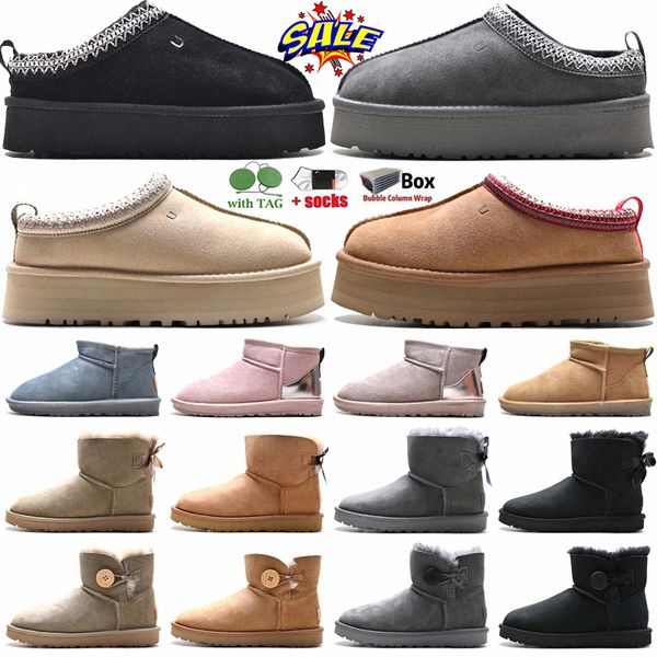 Designer Botas de Neve Austrália Mini Plataforma Bota Mulheres Tazz Tasman Chinelos Clássico Slip-on Camurça Inverno Lã Botas Quentes Pele De Ovelha Sapatos Ankle Bootes