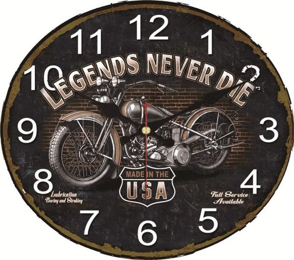 Relógios de parede 16 polegadas rústico fazenda vintage relógio de parede motocicleta lendas nunca morre grande rota de corrida silenciosa bateria operada wall6555801