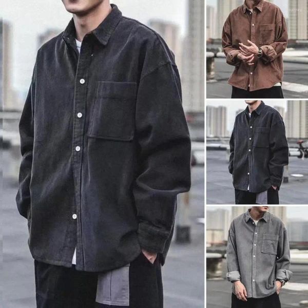 Camicie casual da uomo Camicia autunnale da uomo chic maniche lunghe calde bottoni con tasca applicata colletto rovesciato