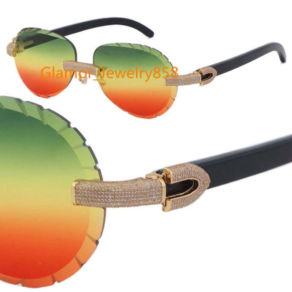 Randlose Damen- und Herren-Sonnenbrille, Original-Sonnenbrille aus schwarzem Büffelhorn, übergroßer runder männlicher und weiblicher Rahmen mit ovaler Gesichtslinse, mikrogepflasterter Diamantbesatz, optisch
