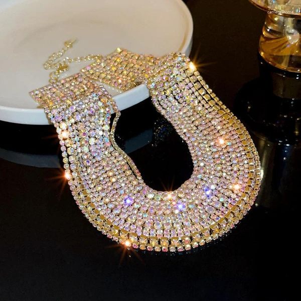 Anhänger Halsketten Luxus Bunte Kristall Halsreifen Für Frauen Mehrschichtige Gold Farbe Kette Strass Aussagen Schmuck Geschenke
