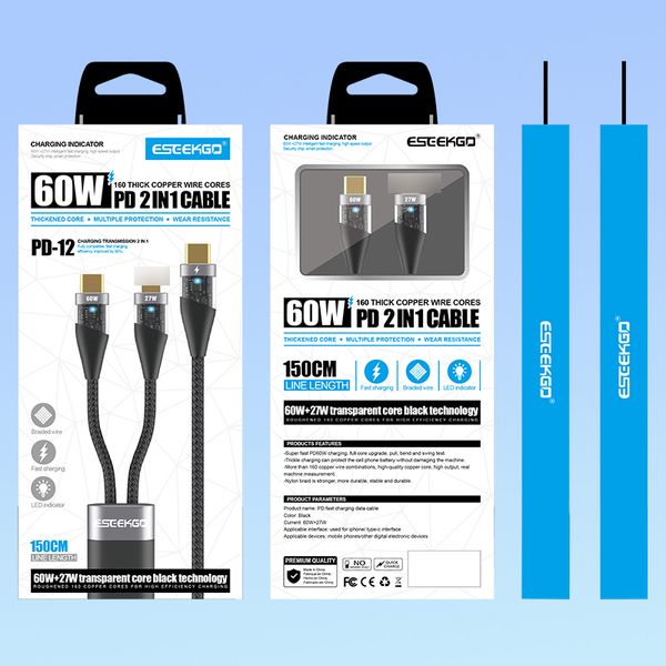 Eseekgo 2 em 1 Nylon Braid Data Cable PD60W+27W Linha de sincronização de carregamento rápida 1.5m Tipo-C para Tipo C Adaptador de carregador para iPhone Huawei Xiaomi na caixa de varejo