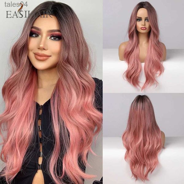 Synthetische Perücken EASIHAIR Lange Ombre Rosa Synthetische Perücken für Frauen Mittelteil Wellenförmige Cosplay Perücken Naturhaarperücke Hitzebeständige Rosa Rote Perücke YQ231110