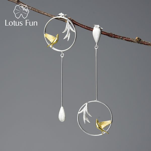 Lustre lustre lotus diversão real 925 Sterling Silver Swallow and Willow in Spring Wind Wind Long Assimétrico Brincos de Brincos para Mulheres finas 230410