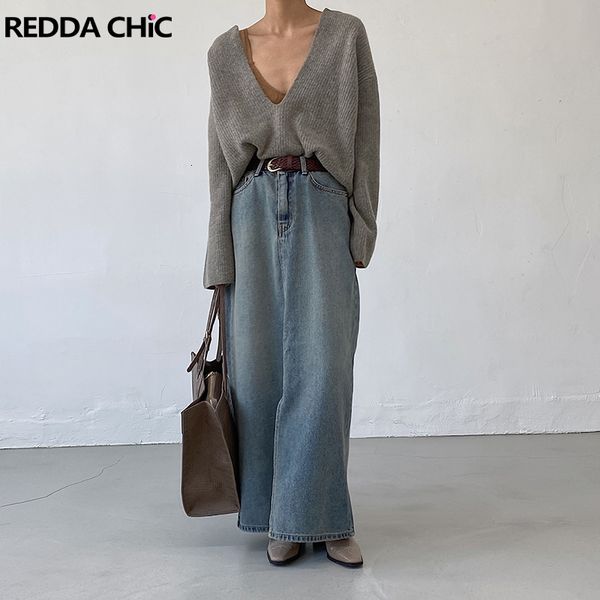 Röcke ReddaChic Frau Denim Lang Hoch Mädchen Freundlich Lässig Einfach Vintage Y2k Midi Front Split Minimalistisch Koreanisch Streetwear 230410